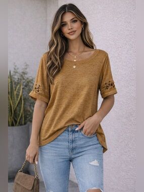 Mudd Y2K Lace Up Sleeve Top Mustard Brown Soft Tee Boho Grunge Size S